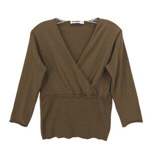 JIL SANDER Olive Faux Wrap Knit Top Sweater 3/4 Sleeve Soft Size 40
